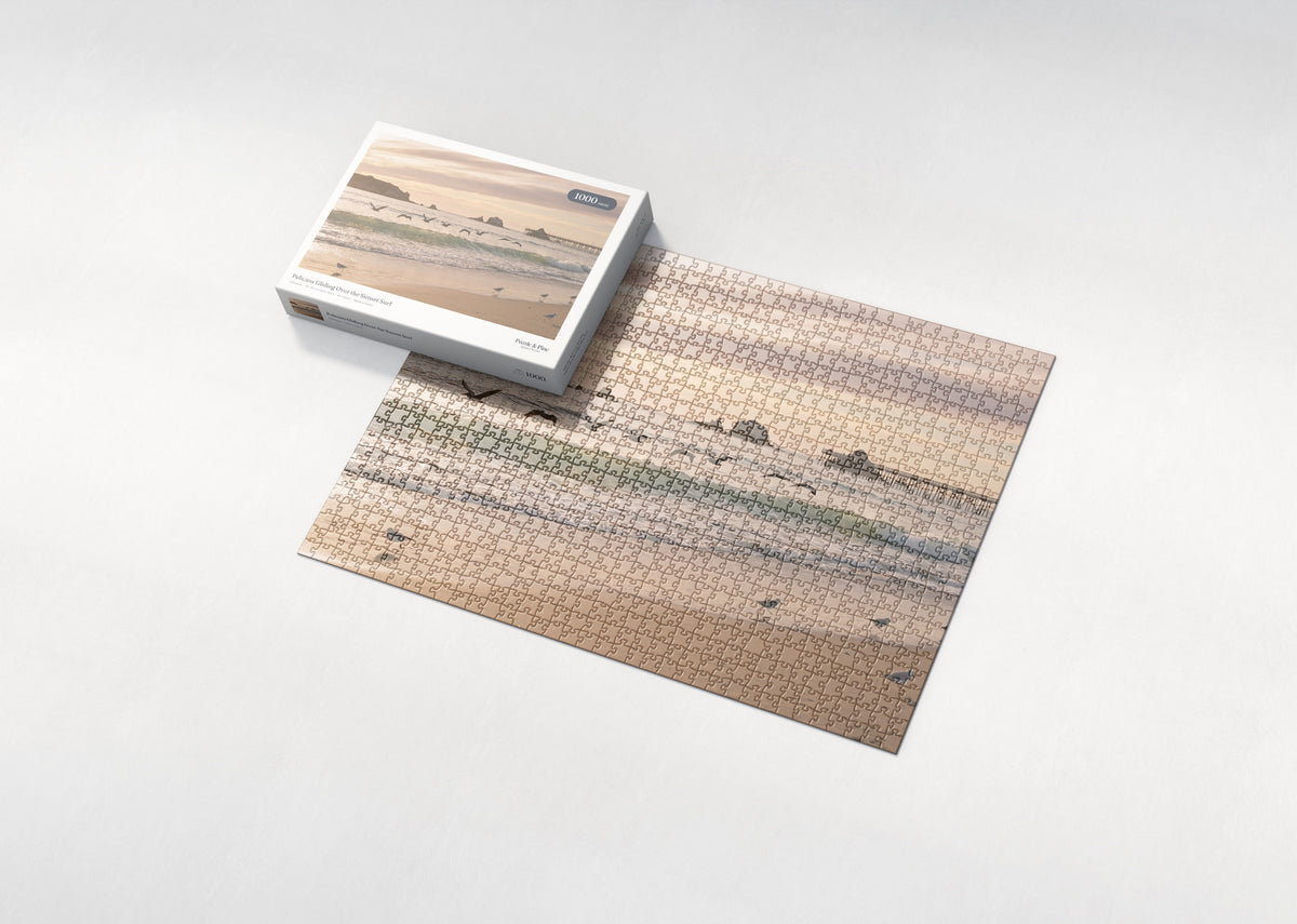 Pelicans Gliding Over the Sunset Surf jigsaw puzzle - box and puzzle