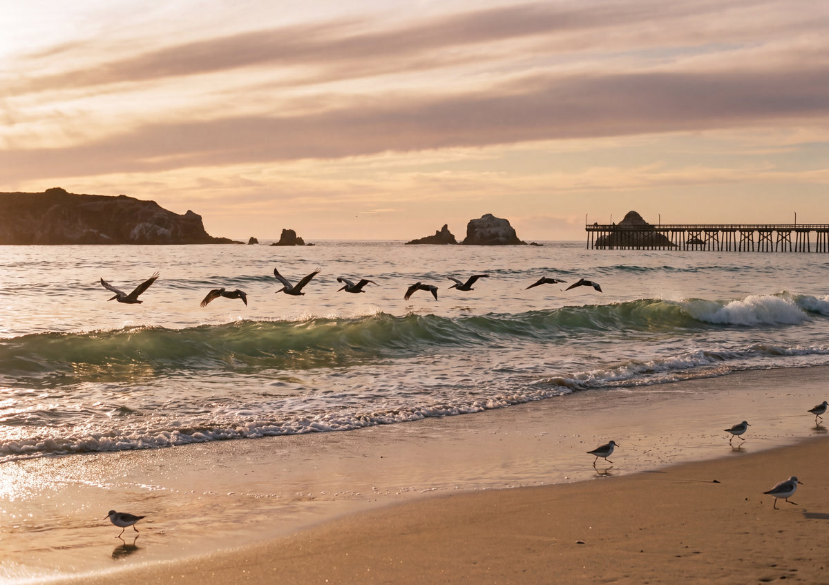 Pelicans Gliding Over the Sunset Surf jigsaw puzzle