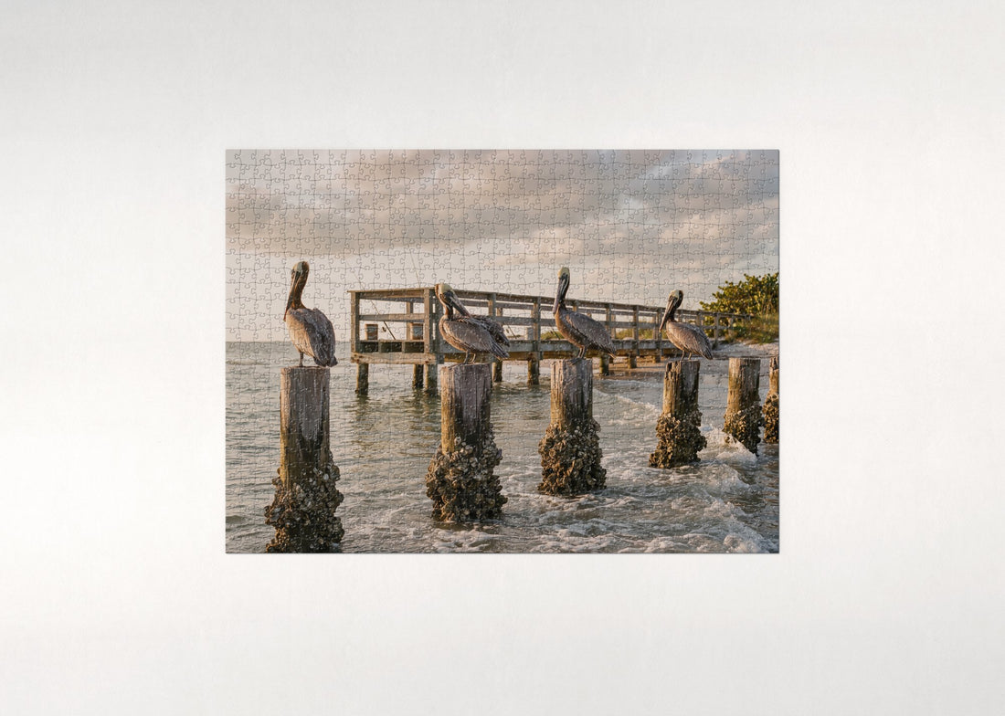 Pelicans on the Fishing Pier Posts jigsaw puzzle - gift box