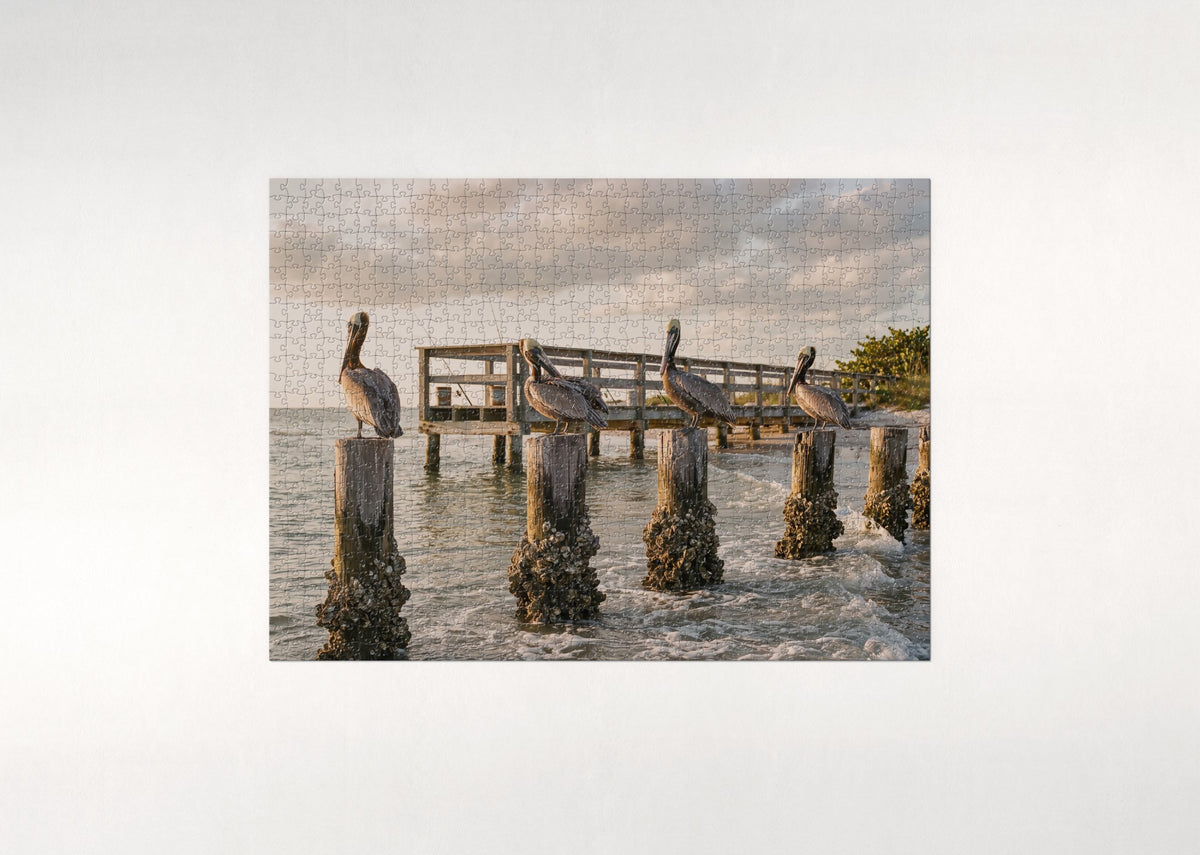 Pelicans on the Fishing Pier Posts jigsaw puzzle - flat puzzle