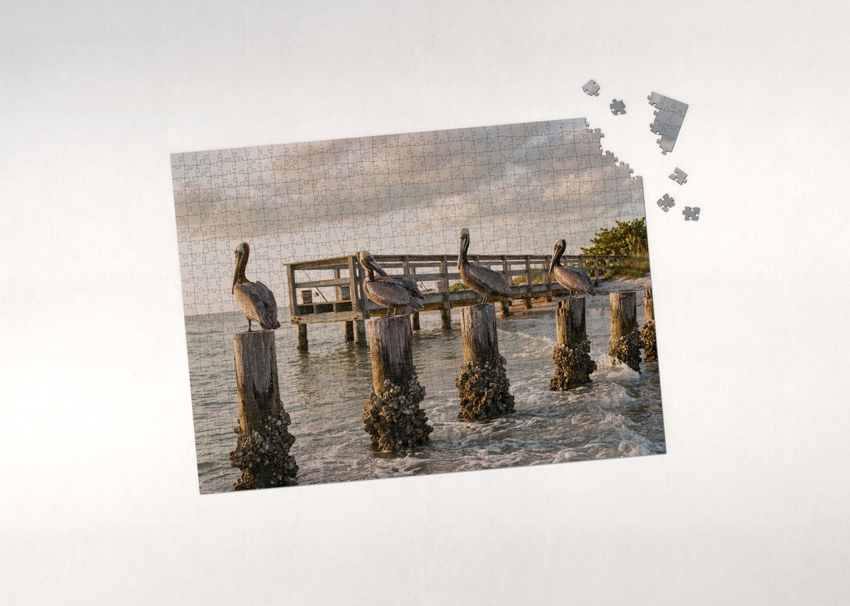 Pelicans on the Fishing Pier Posts jigsaw puzzle - puzzle with loose pieces