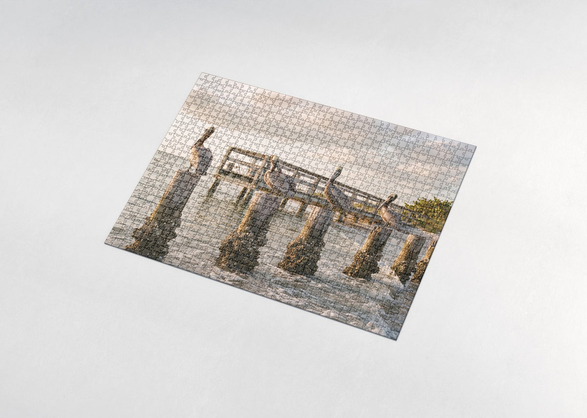 Pelicans on the Fishing Pier Posts jigsaw puzzle - assembled puzzle