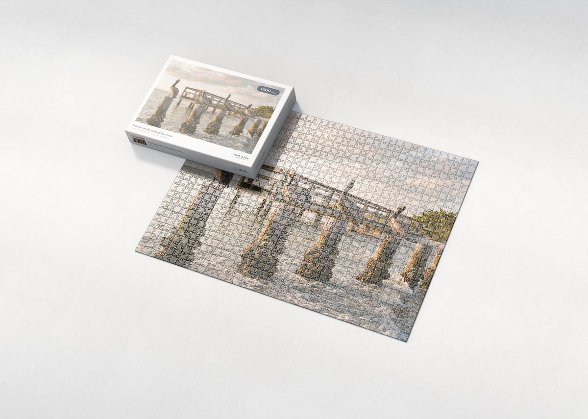 Pelicans on the Fishing Pier Posts jigsaw puzzle - box and puzzle