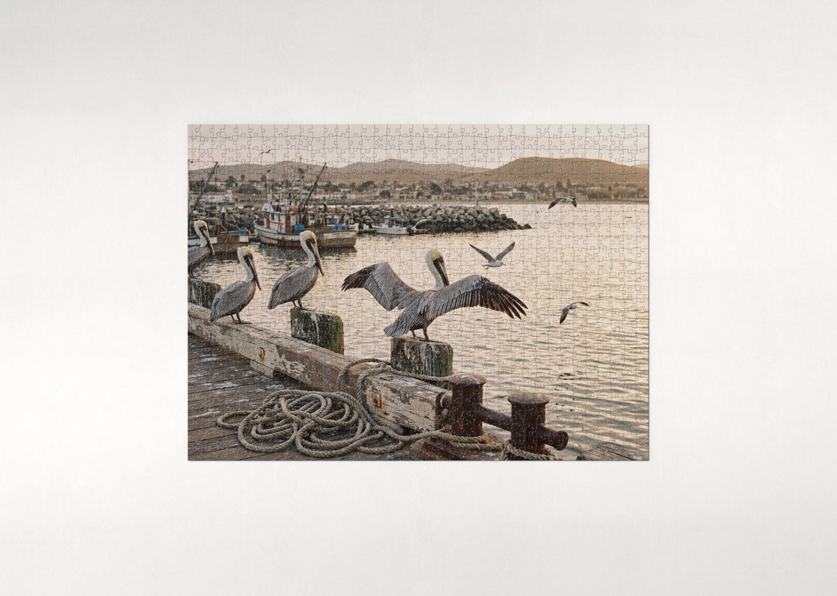 Pelicans on the Harbor Pier jigsaw puzzle - flat puzzle