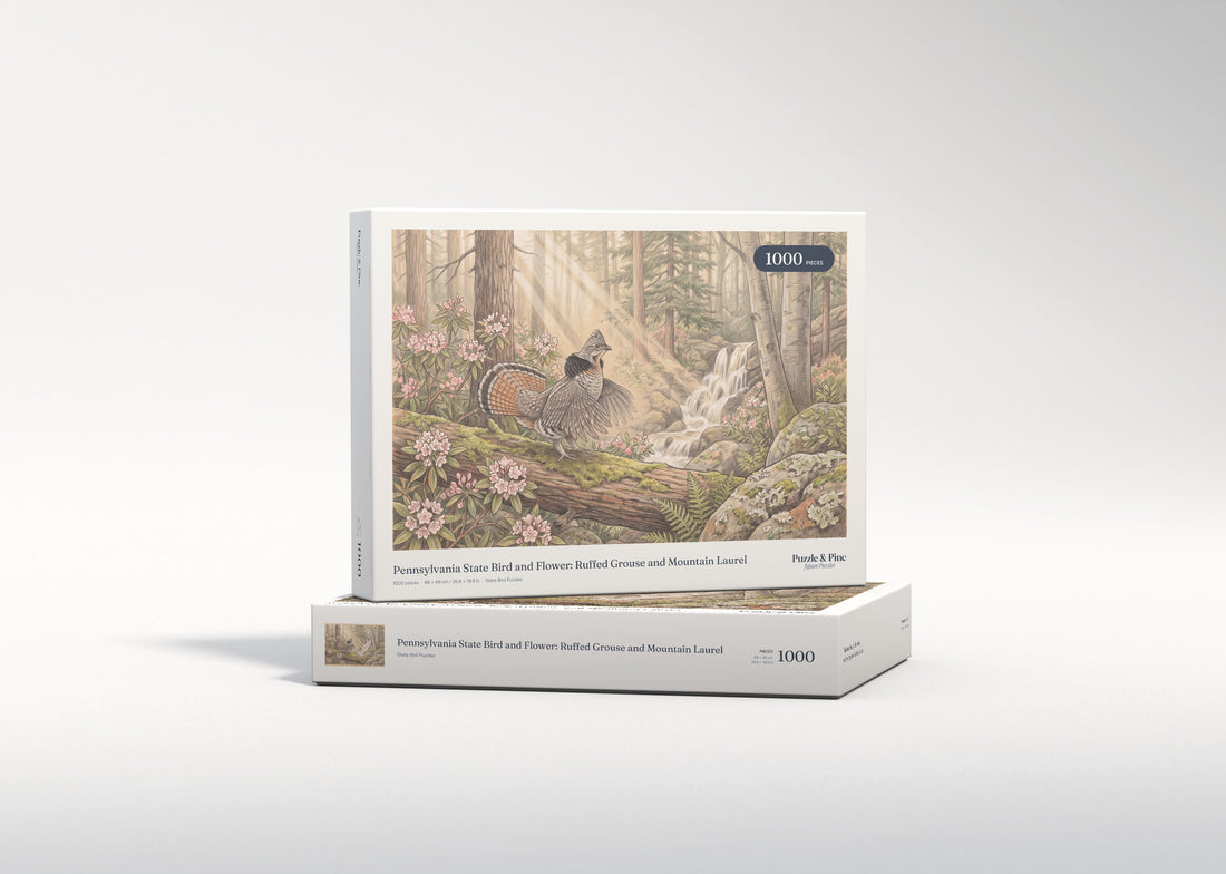 Pennsylvania State Bird and Flower: Ruffed Grouse and Mountain Laurel jigsaw puzzle - gift box