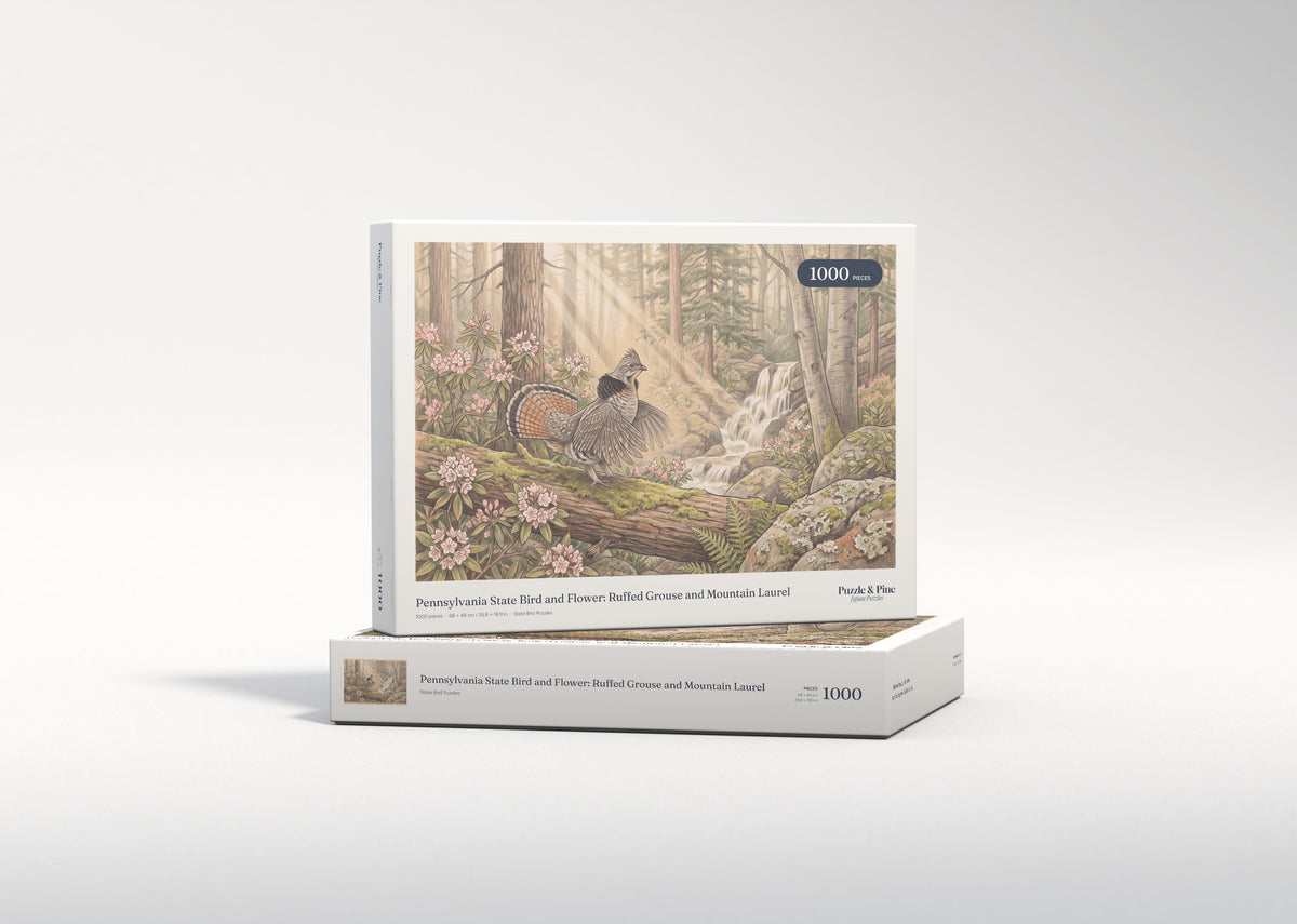 Pennsylvania State Bird and Flower: Ruffed Grouse and Mountain Laurel jigsaw puzzle - gift box