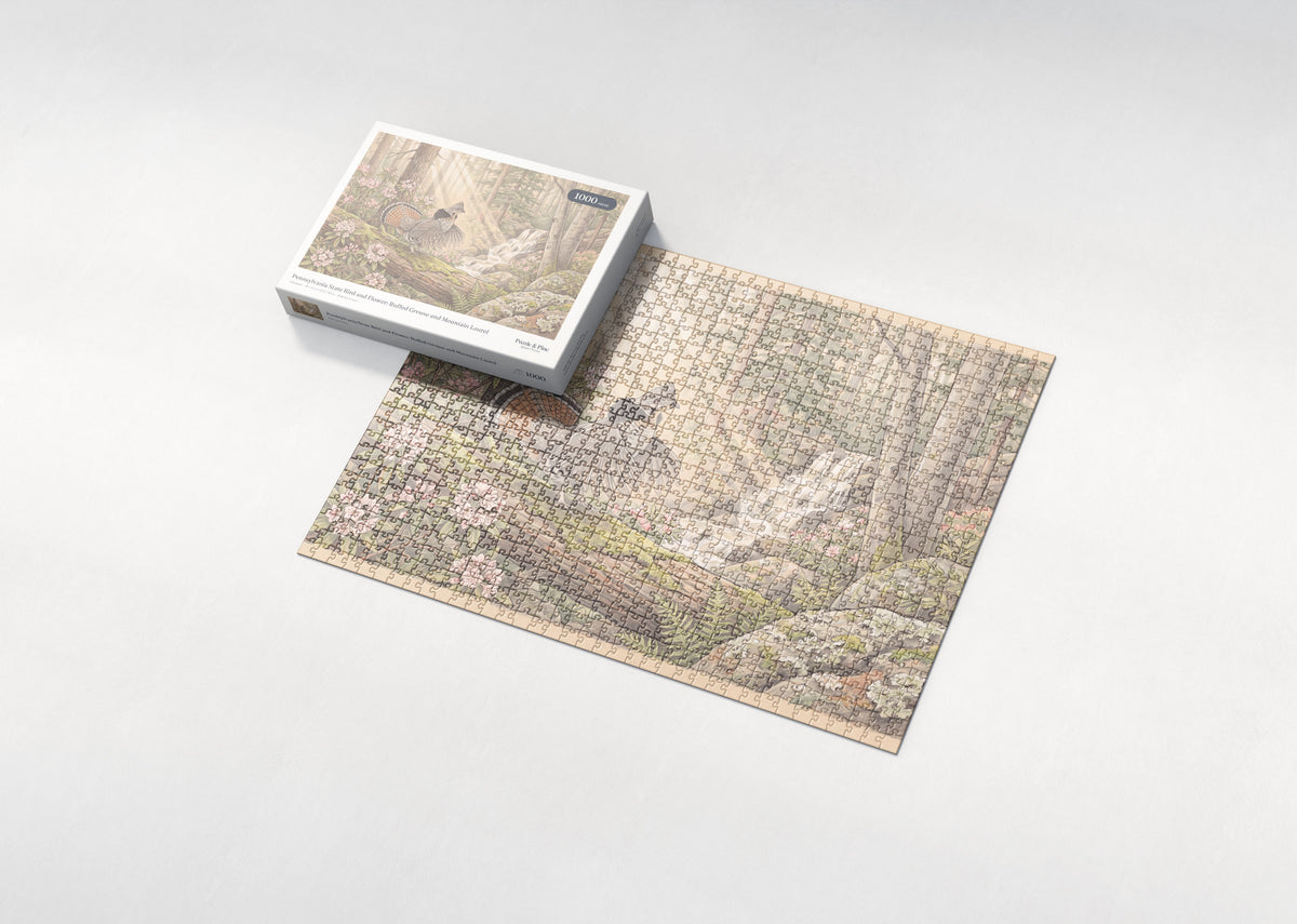 Pennsylvania State Bird and Flower: Ruffed Grouse and Mountain Laurel jigsaw puzzle - box and puzzle