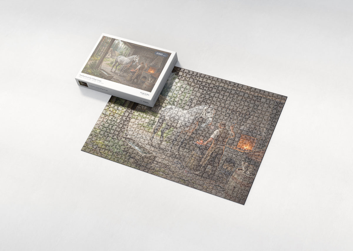 Percheron at the Village Forge jigsaw puzzle - box and puzzle