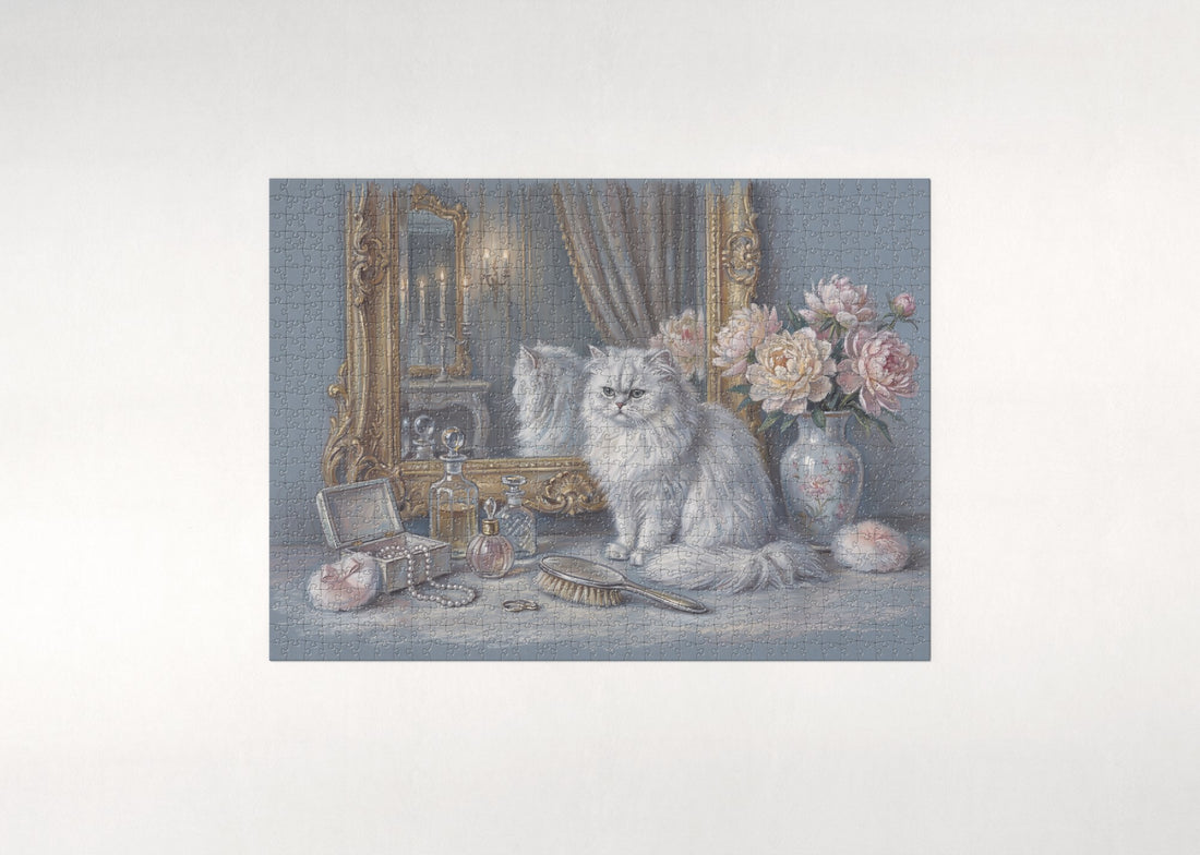 Persian Cat At the Vanity Mirror jigsaw puzzle - gift box