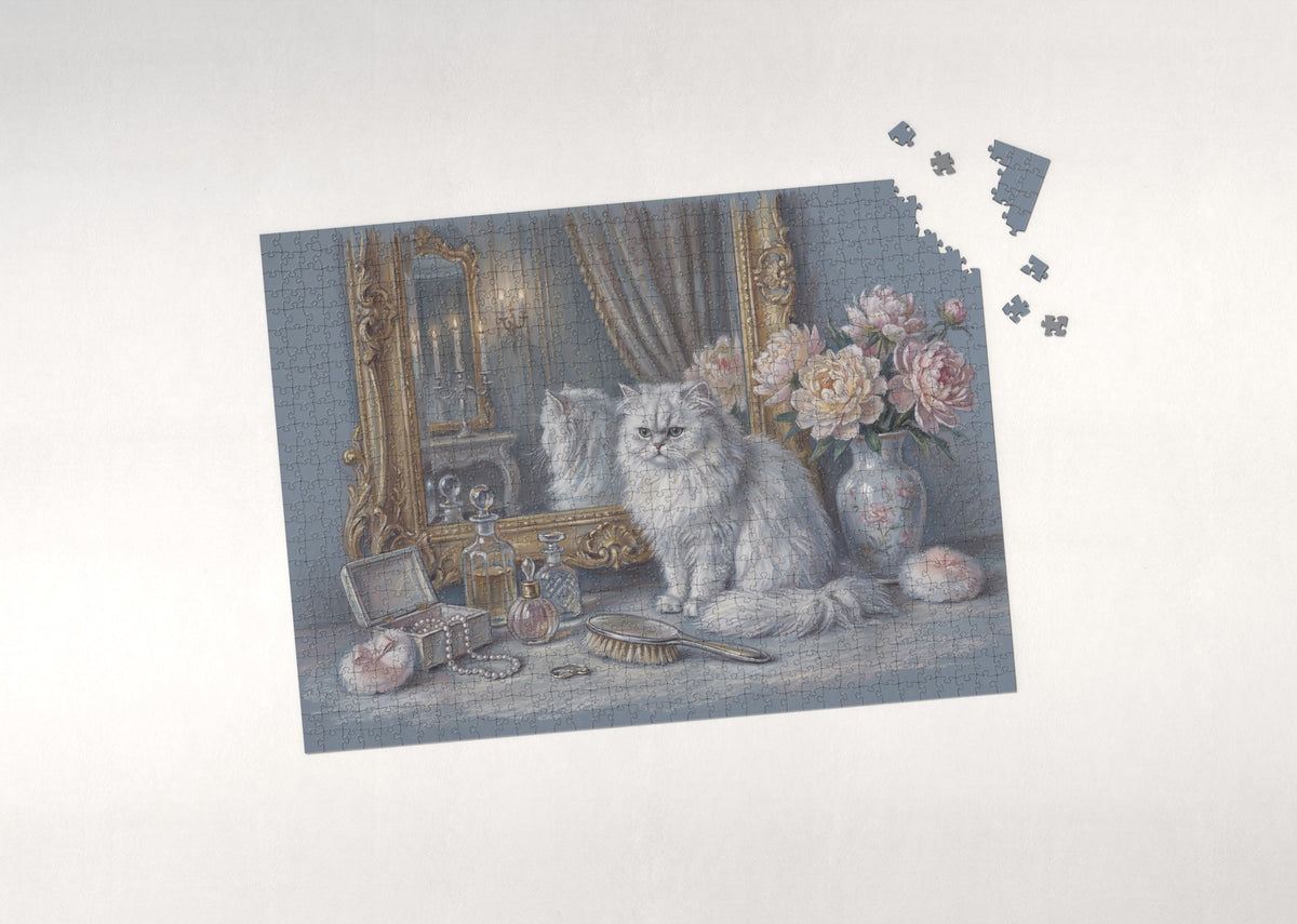 Persian Cat At the Vanity Mirror jigsaw puzzle - puzzle with loose pieces