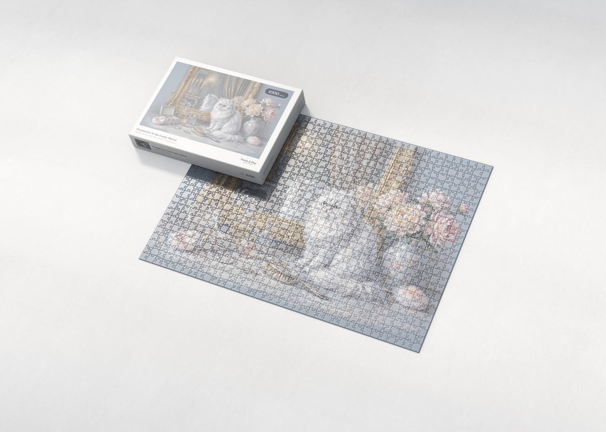 Persian Cat At the Vanity Mirror jigsaw puzzle - box and puzzle