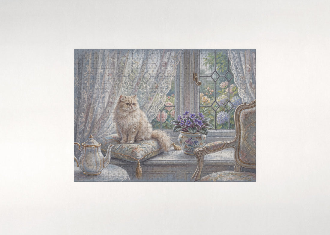 Persian Cat By the Lace Curtain Window jigsaw puzzle - gift box