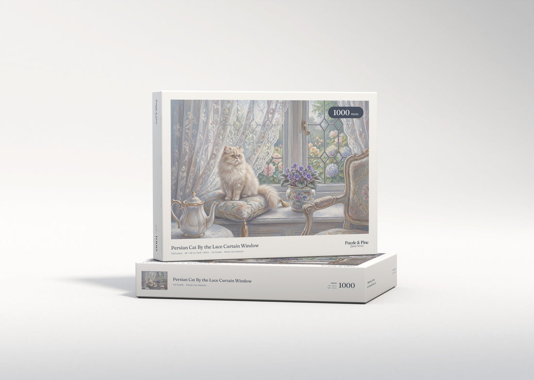 Persian Cat By the Lace Curtain Window jigsaw puzzle - gift box