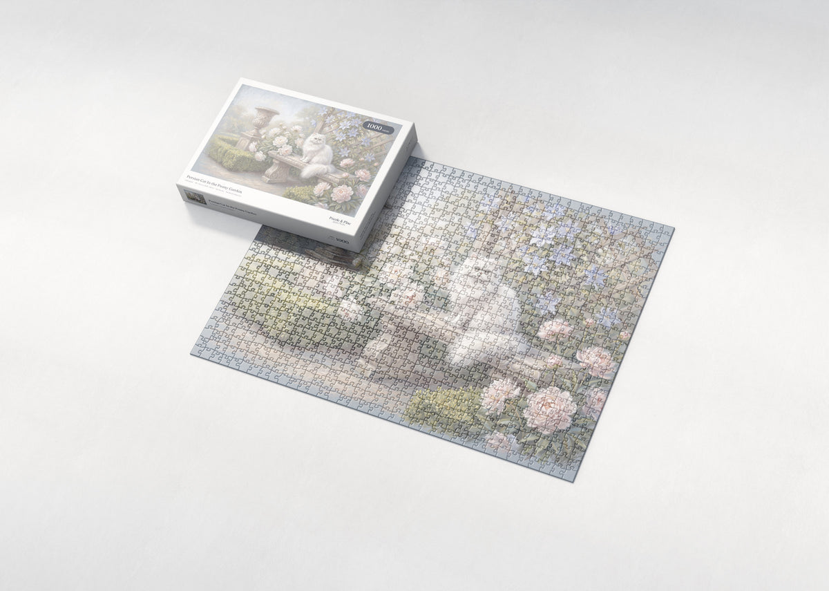 Persian Cat In the Peony Garden jigsaw puzzle - box and puzzle