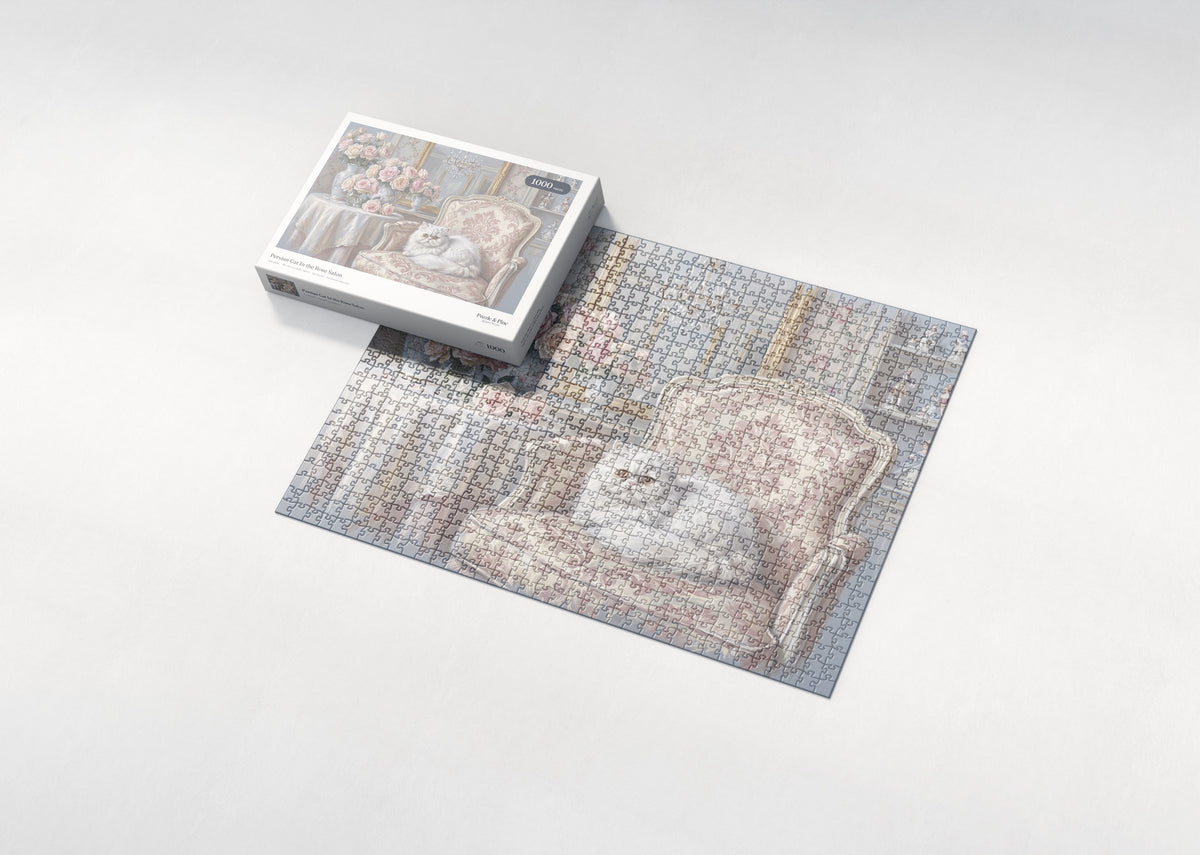 Persian Cat In the Rose Salon jigsaw puzzle - box and puzzle