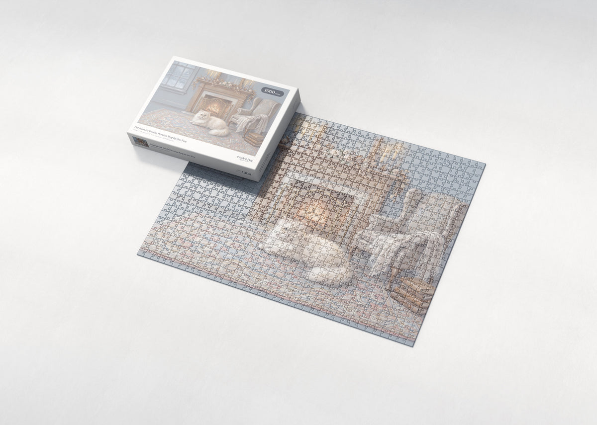 Persian Cat On the Persian Rug by the Fire jigsaw puzzle - box and puzzle