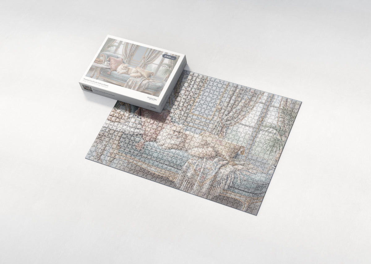 Persian Cat On the Velvet Chaise jigsaw puzzle - box and puzzle