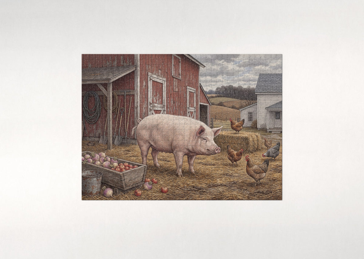 Pig at the Red Barn jigsaw puzzle - flat puzzle