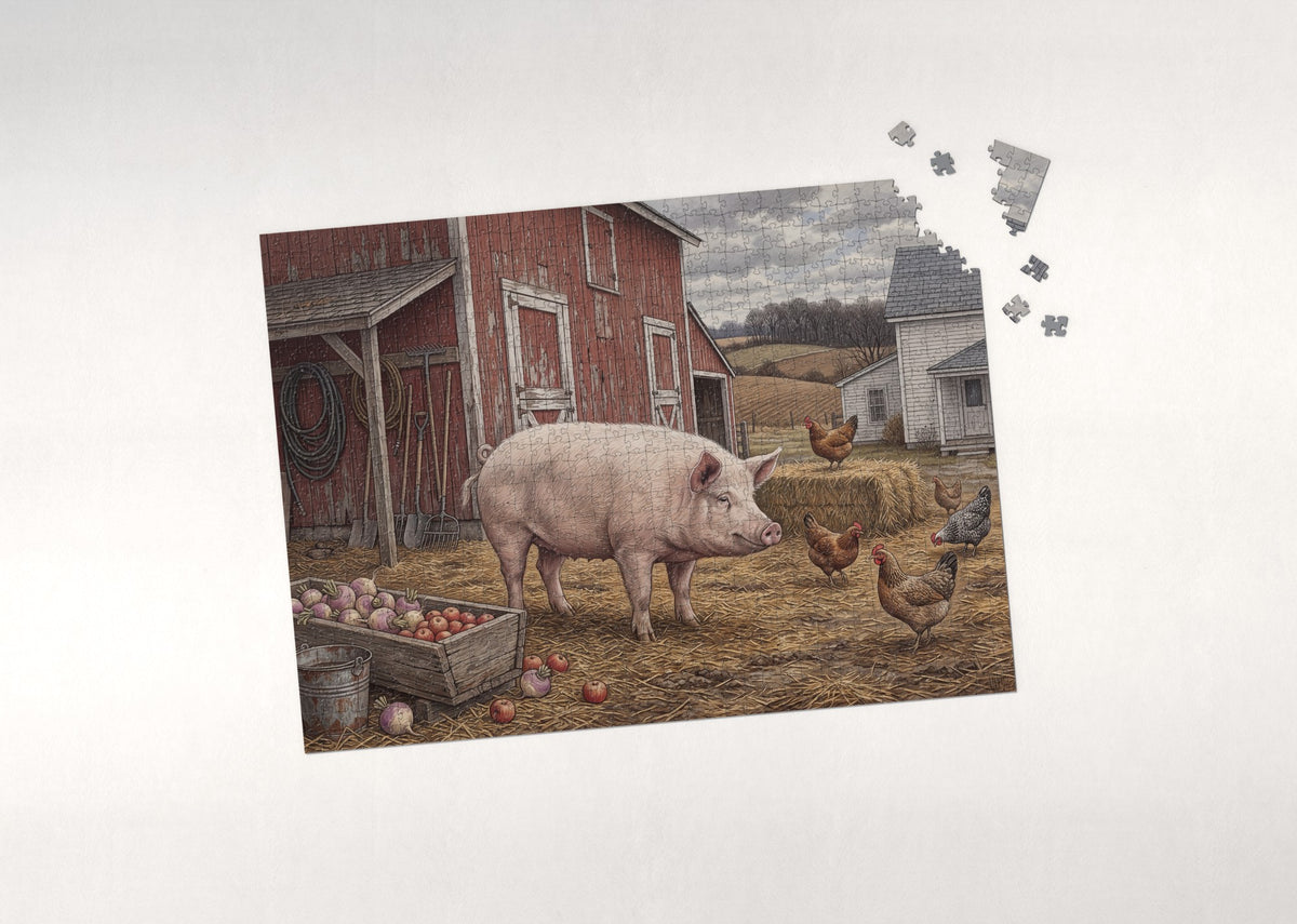 Pig at the Red Barn jigsaw puzzle - puzzle with loose pieces