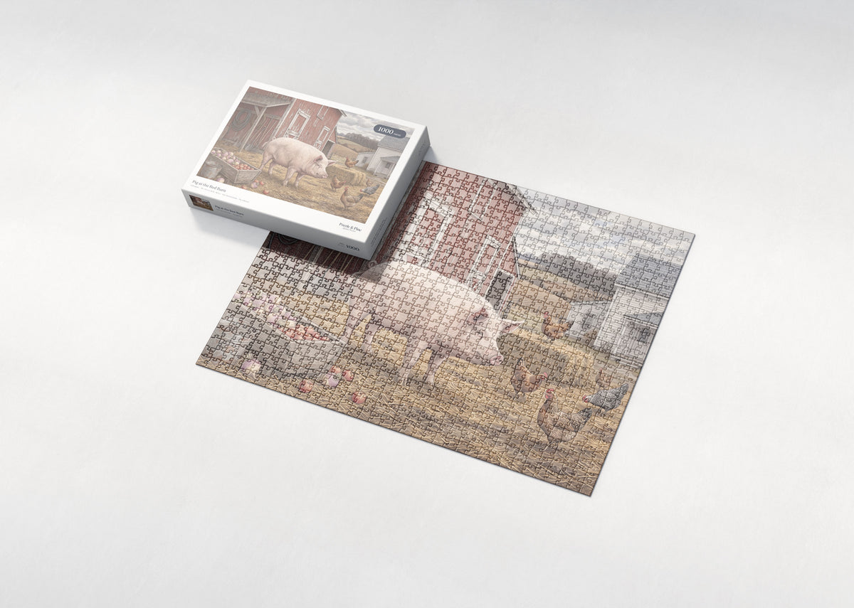 Pig at the Red Barn jigsaw puzzle - box and puzzle