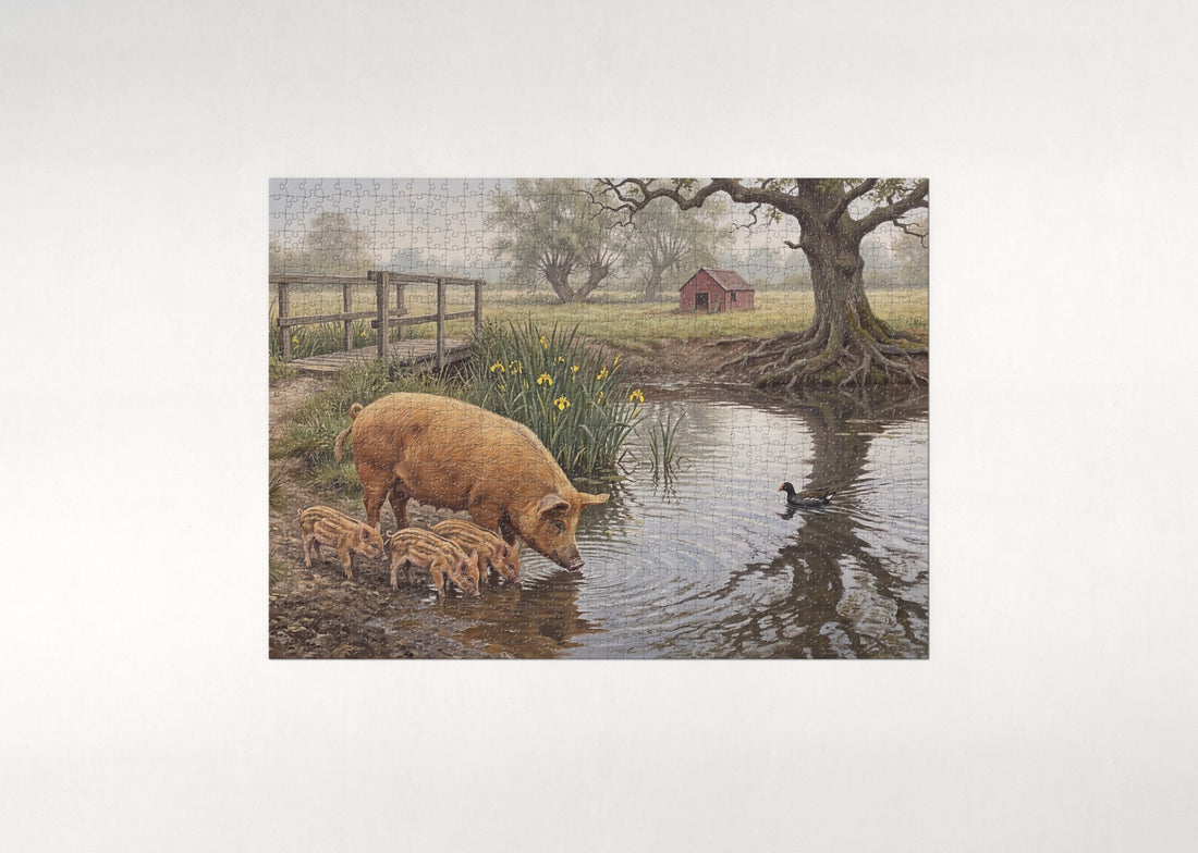 Pig Family at the Farm Pond jigsaw puzzle - gift box