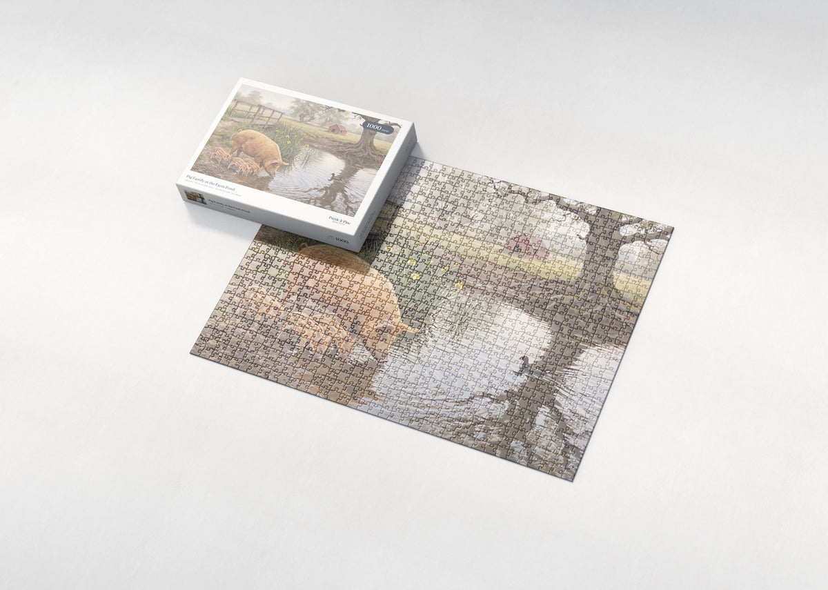 Pig Family at the Farm Pond jigsaw puzzle - box and puzzle