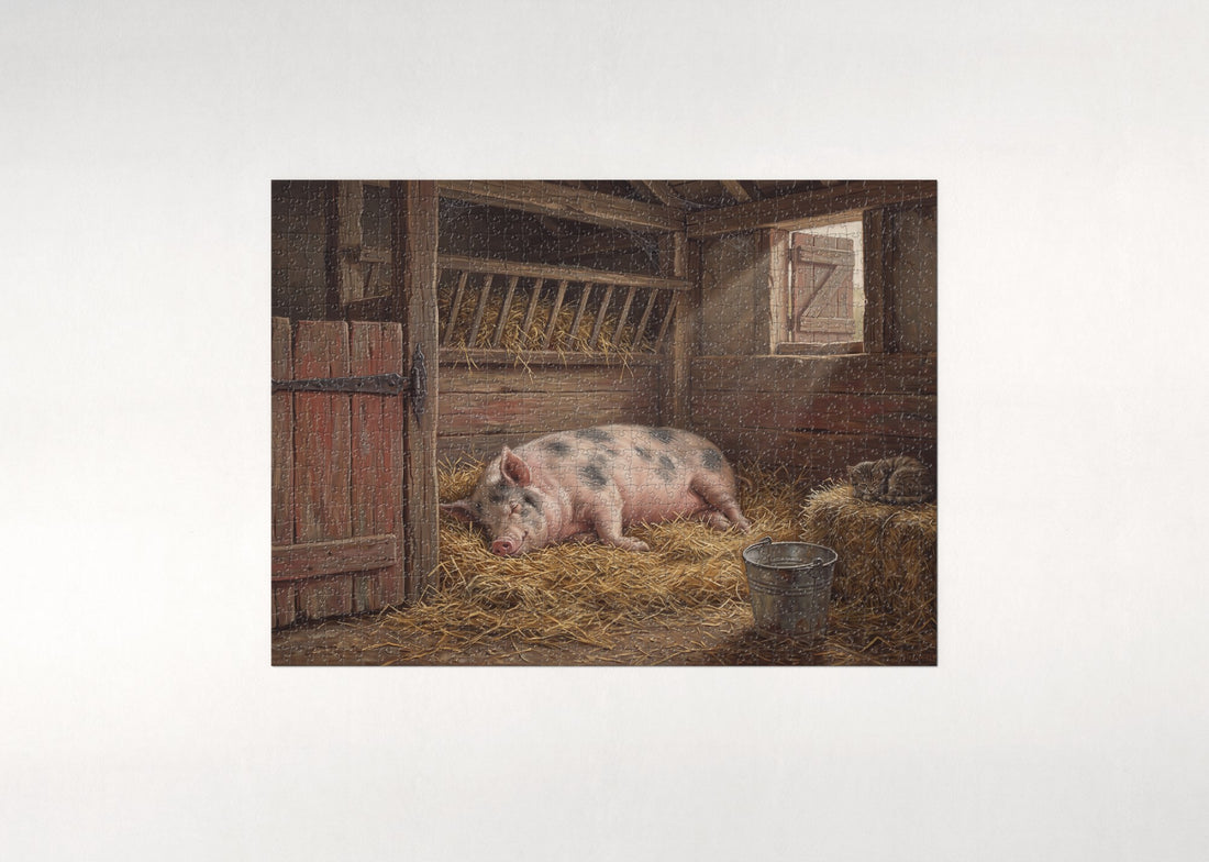 Pig Napping in the Hay jigsaw puzzle - gift box