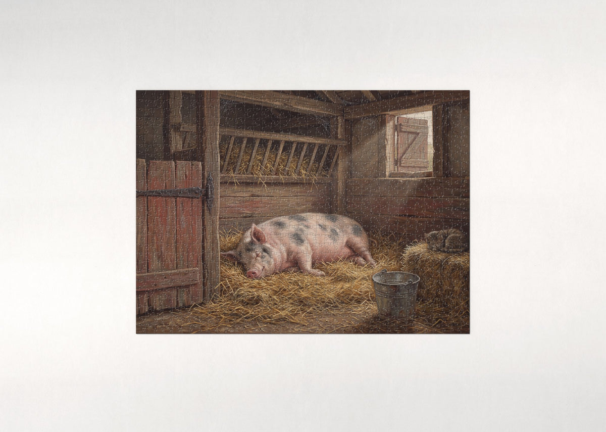 Pig Napping in the Hay jigsaw puzzle - flat puzzle