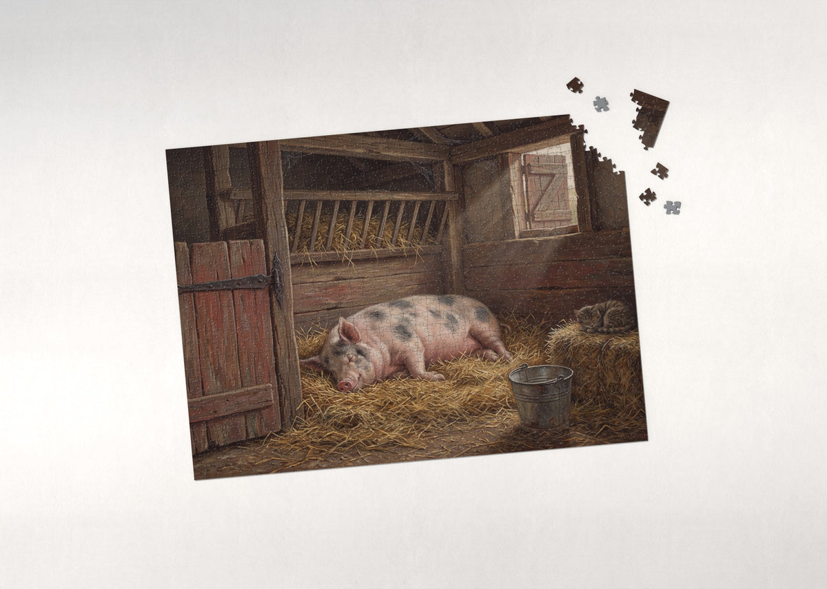 Pig Napping in the Hay jigsaw puzzle - puzzle with loose pieces