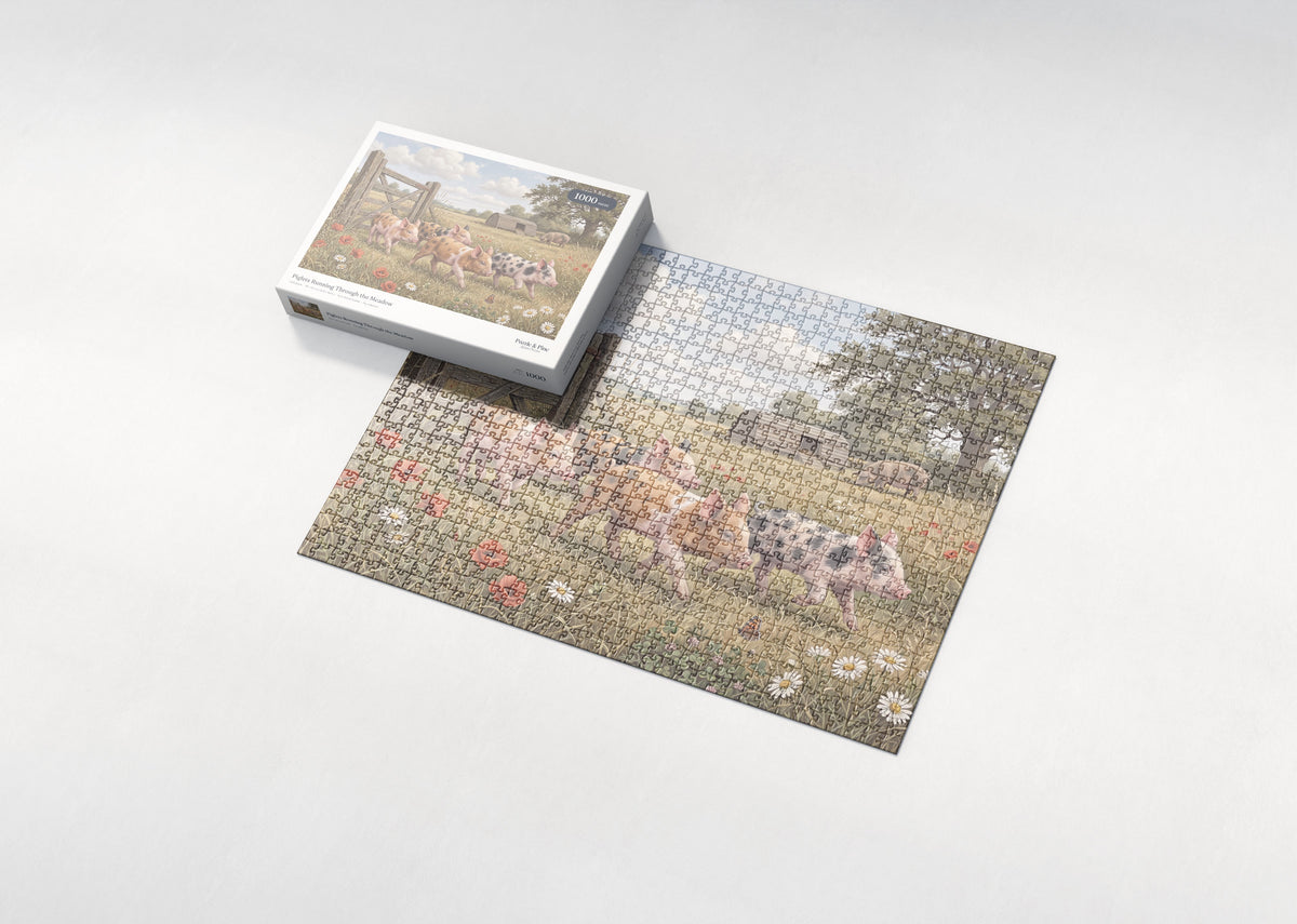 Piglets Running Through the Meadow jigsaw puzzle - box and puzzle