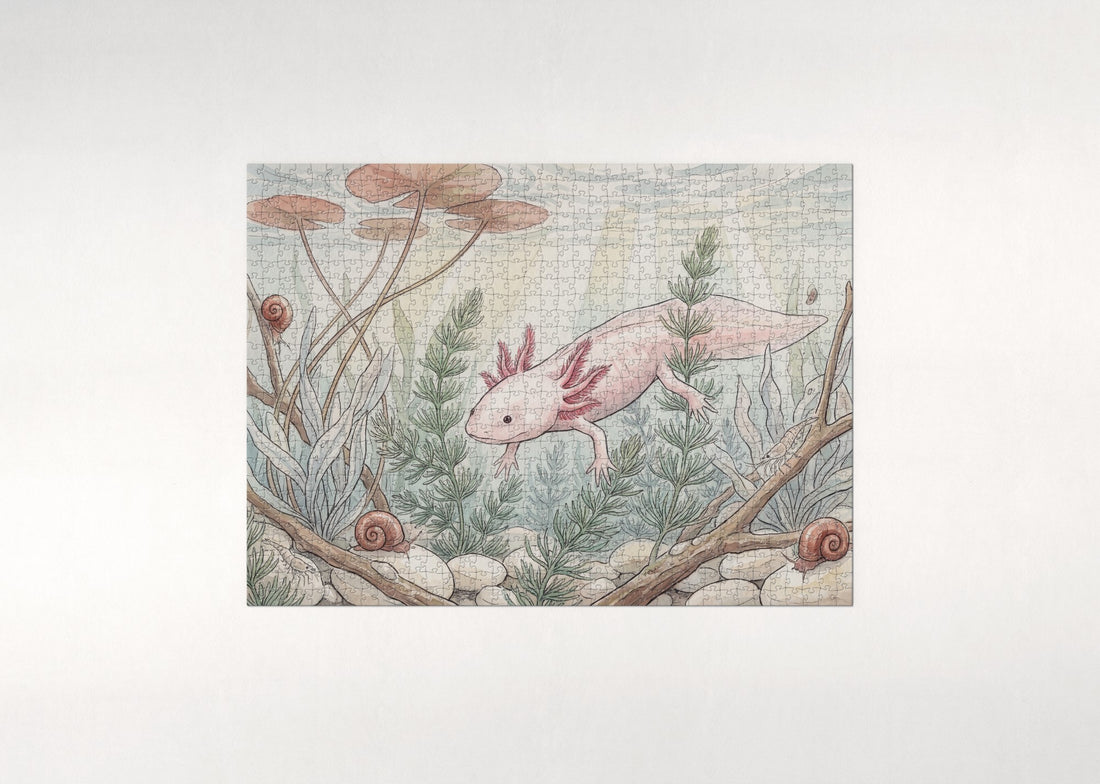 Pink Axolotl Among the Water Plants jigsaw puzzle - gift box
