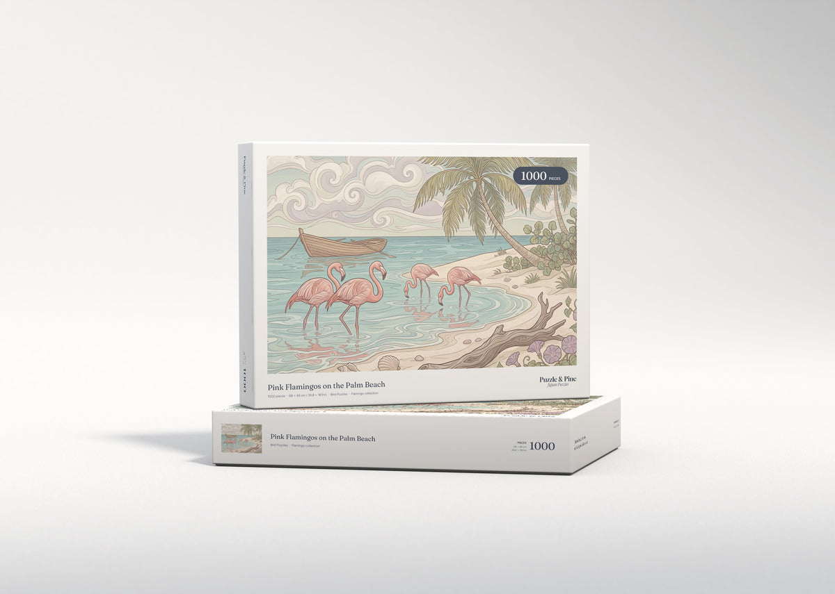 Pink Flamingos on the Palm Beach jigsaw puzzle - gift box