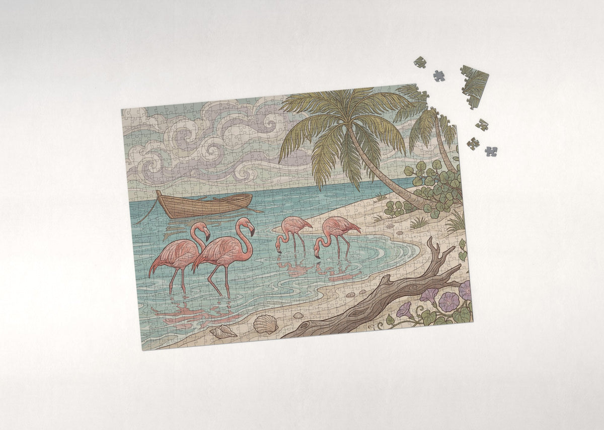 Pink Flamingos on the Palm Beach jigsaw puzzle - puzzle with loose pieces