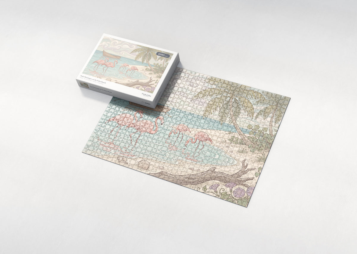 Pink Flamingos on the Palm Beach jigsaw puzzle - box and puzzle