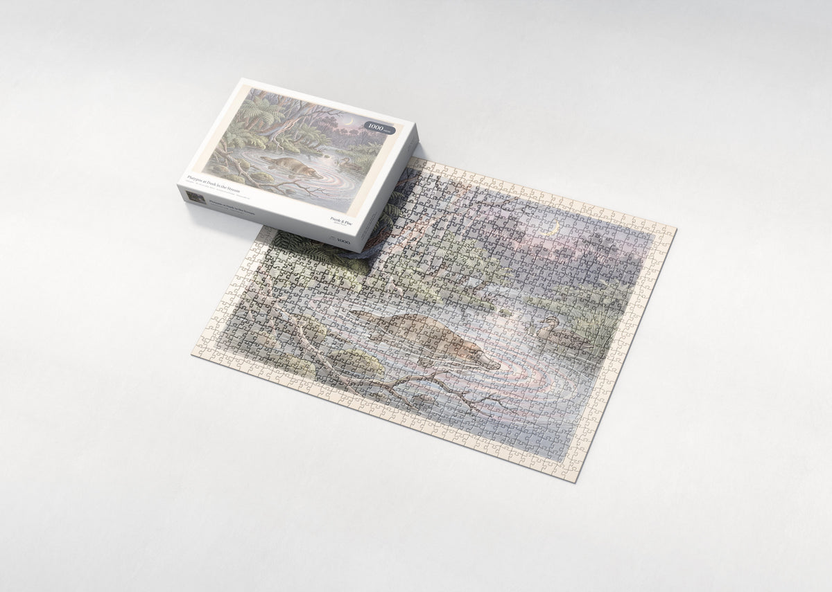 Platypus at Dusk in the Stream jigsaw puzzle - box and puzzle