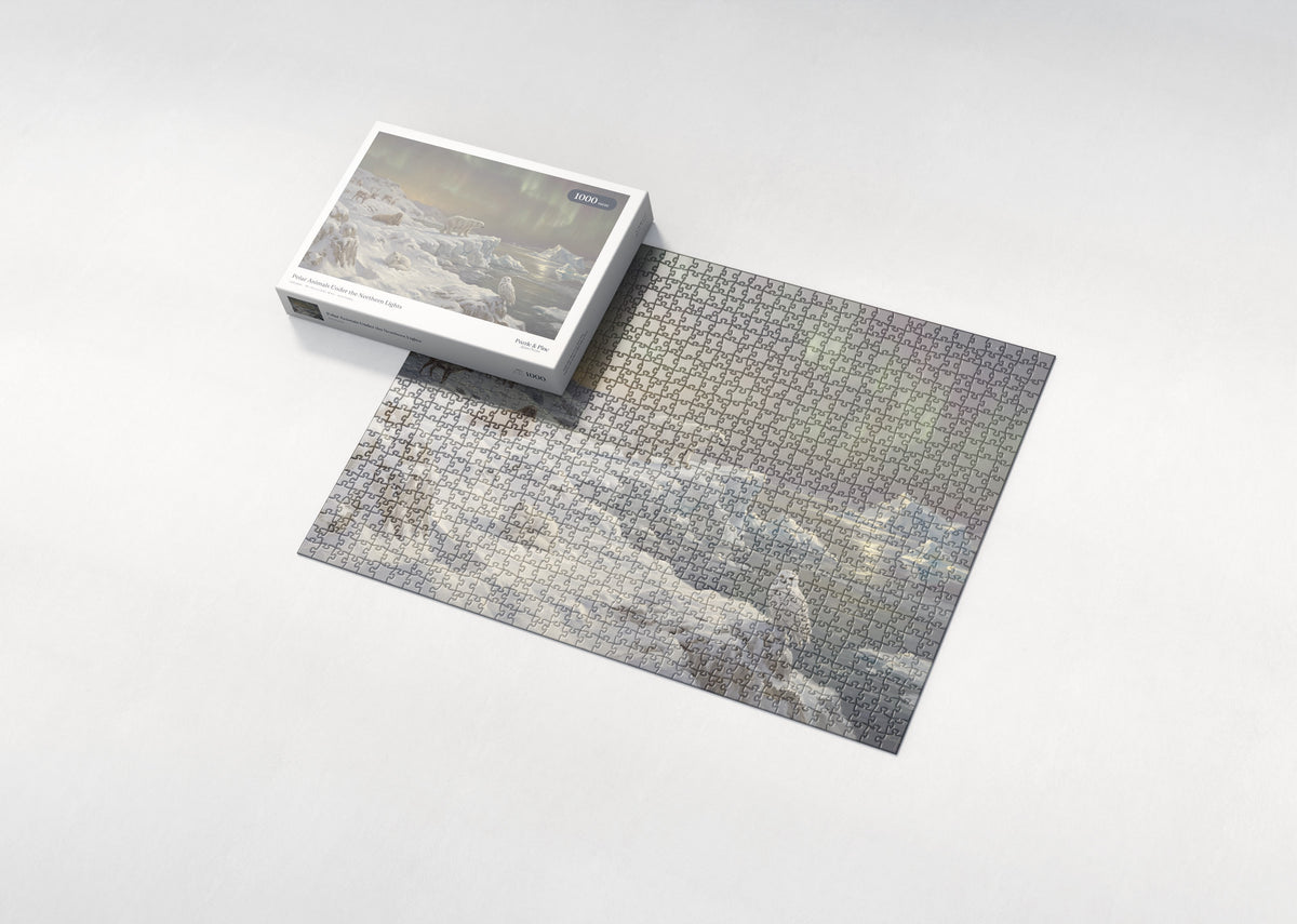 Polar Animals Under the Northern Lights jigsaw puzzle - box and puzzle