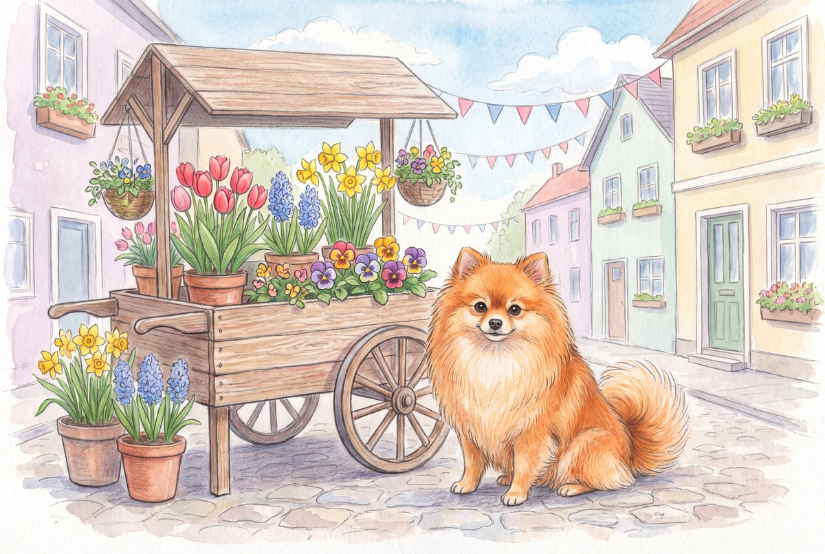 Pomeranian by the Spring Flower Cart jigsaw puzzle