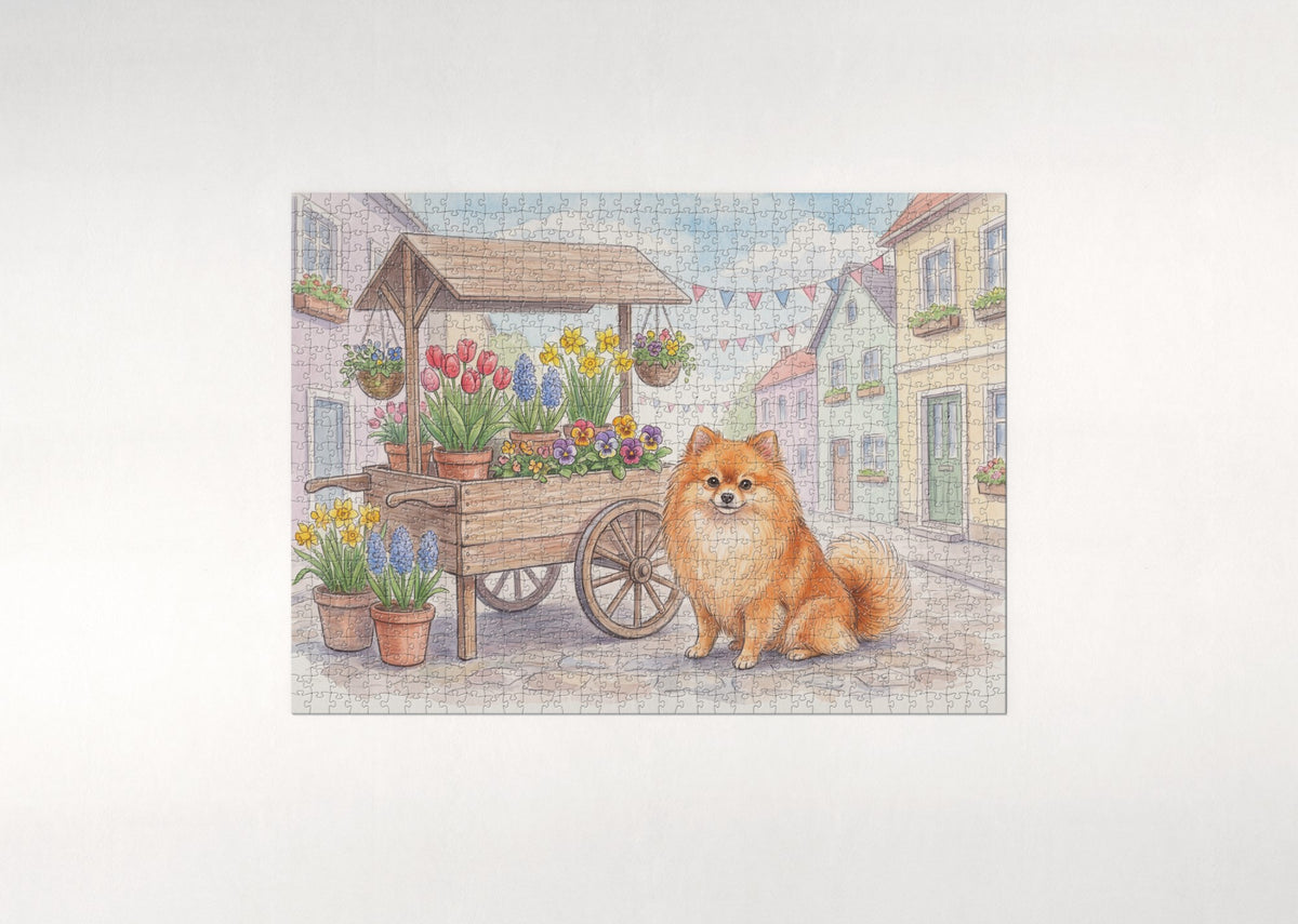 Pomeranian by the Spring Flower Cart jigsaw puzzle - flat puzzle