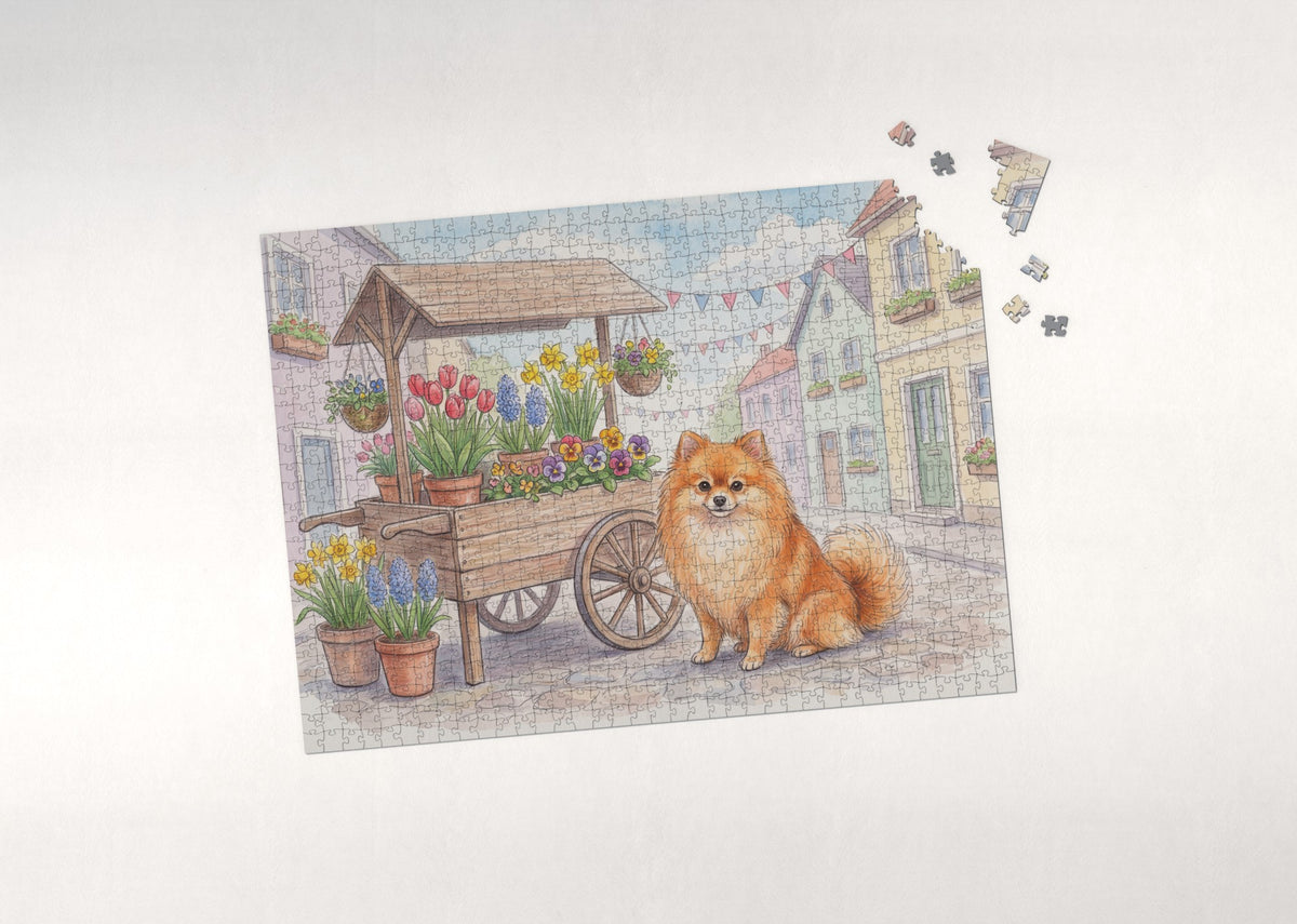 Pomeranian by the Spring Flower Cart jigsaw puzzle - puzzle with loose pieces