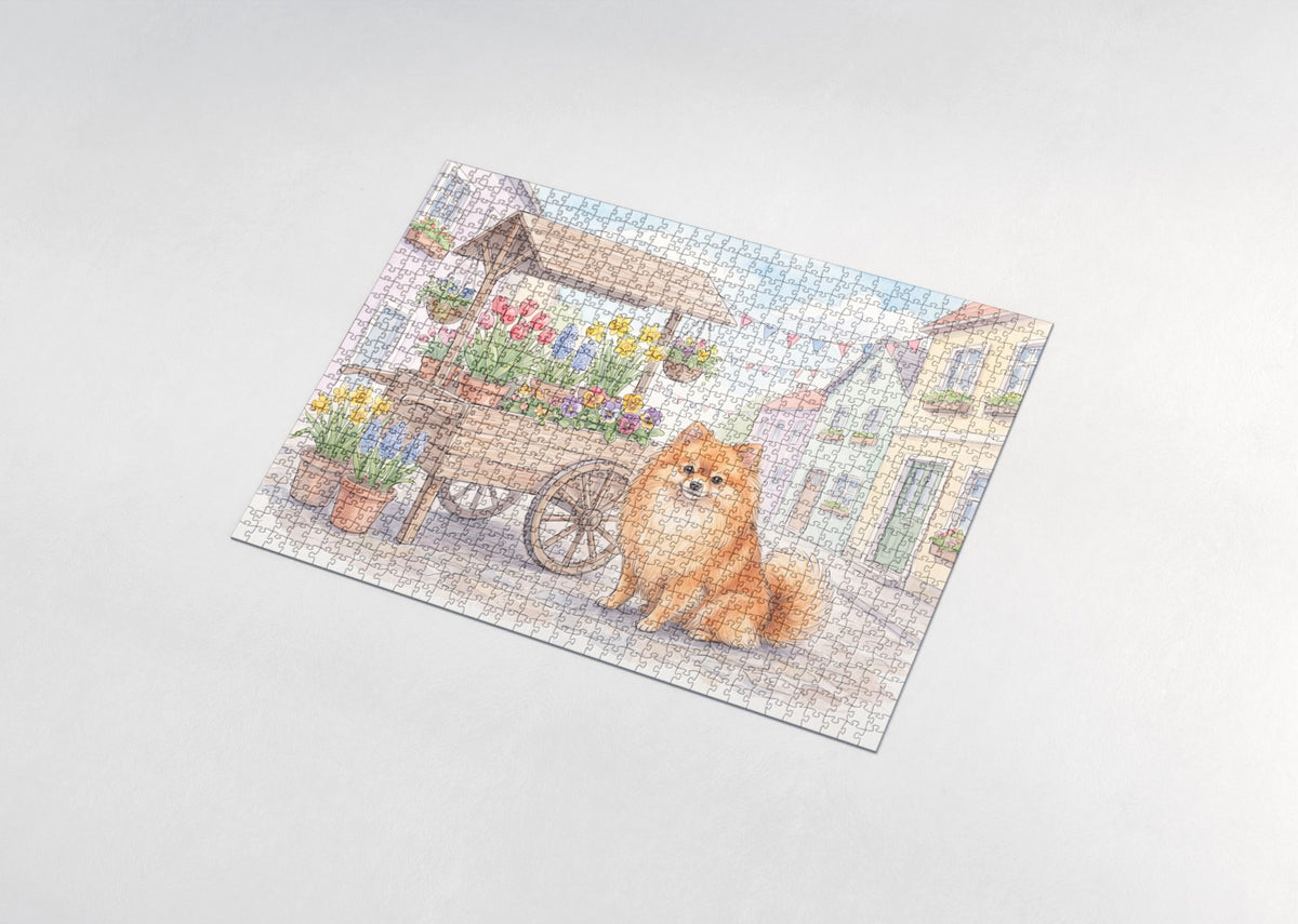 Pomeranian by the Spring Flower Cart jigsaw puzzle - assembled puzzle