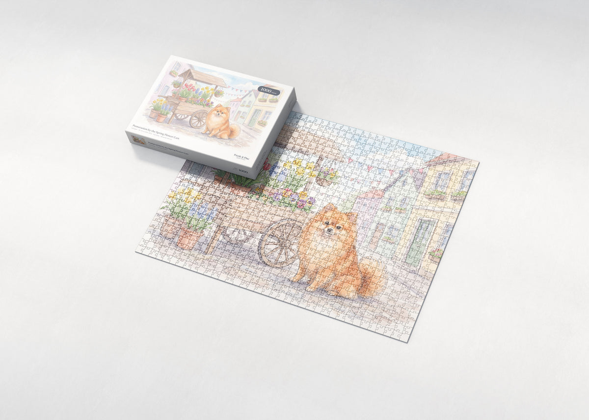 Pomeranian by the Spring Flower Cart jigsaw puzzle - box and puzzle