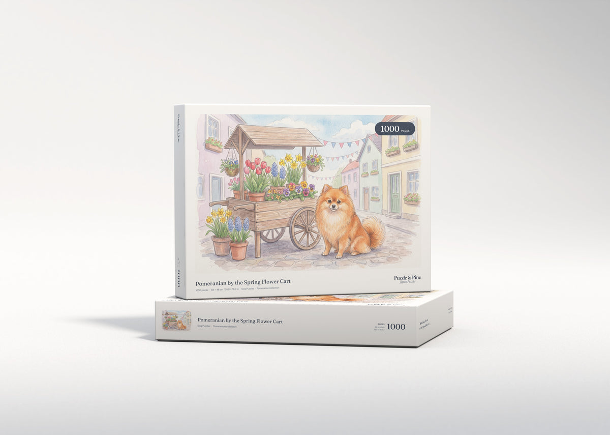 Pomeranian by the Spring Flower Cart jigsaw puzzle - gift box