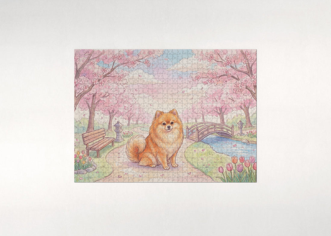 Pomeranian in the Cherry Blossom Park jigsaw puzzle - gift box
