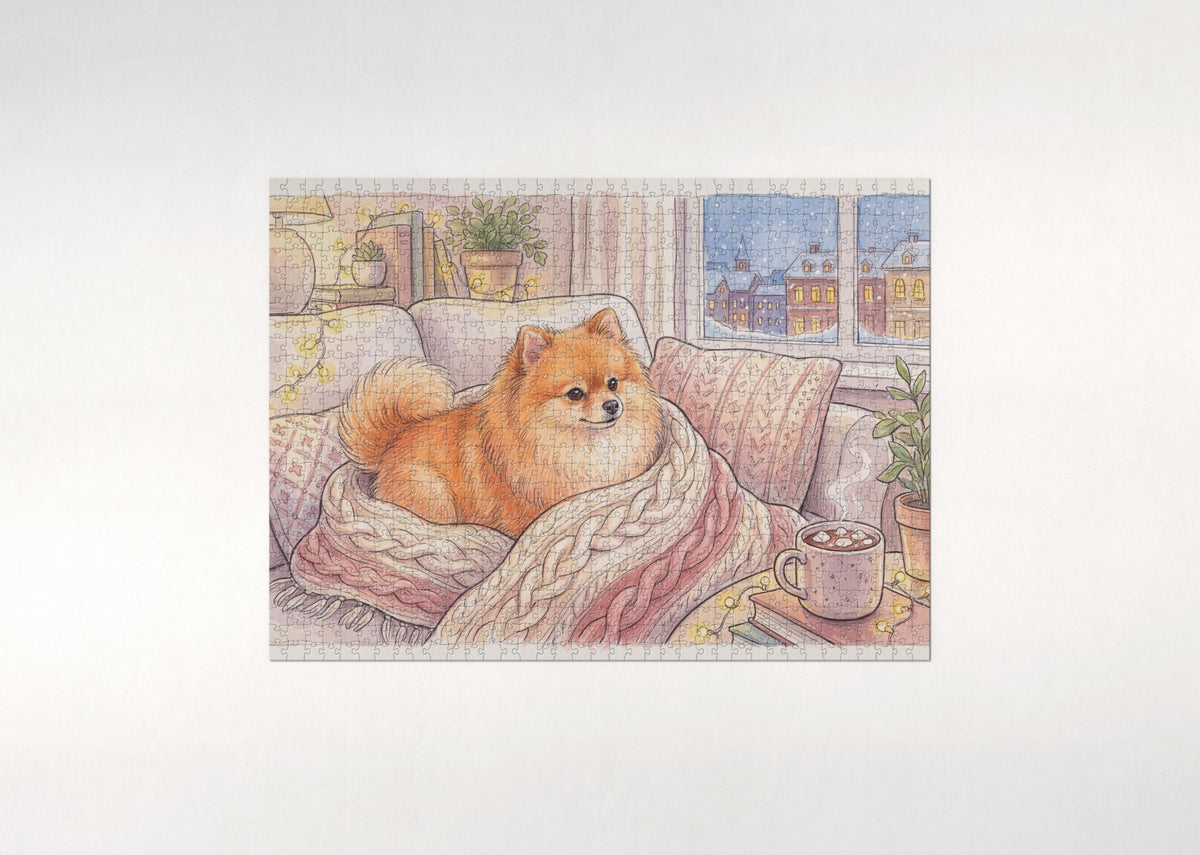 Pomeranian in the Cozy Knit Blanket jigsaw puzzle - flat puzzle