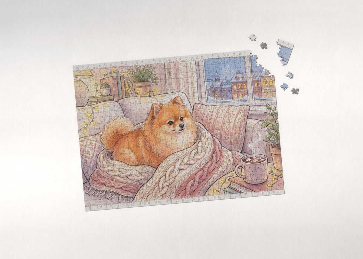 Pomeranian in the Cozy Knit Blanket jigsaw puzzle - puzzle with loose pieces