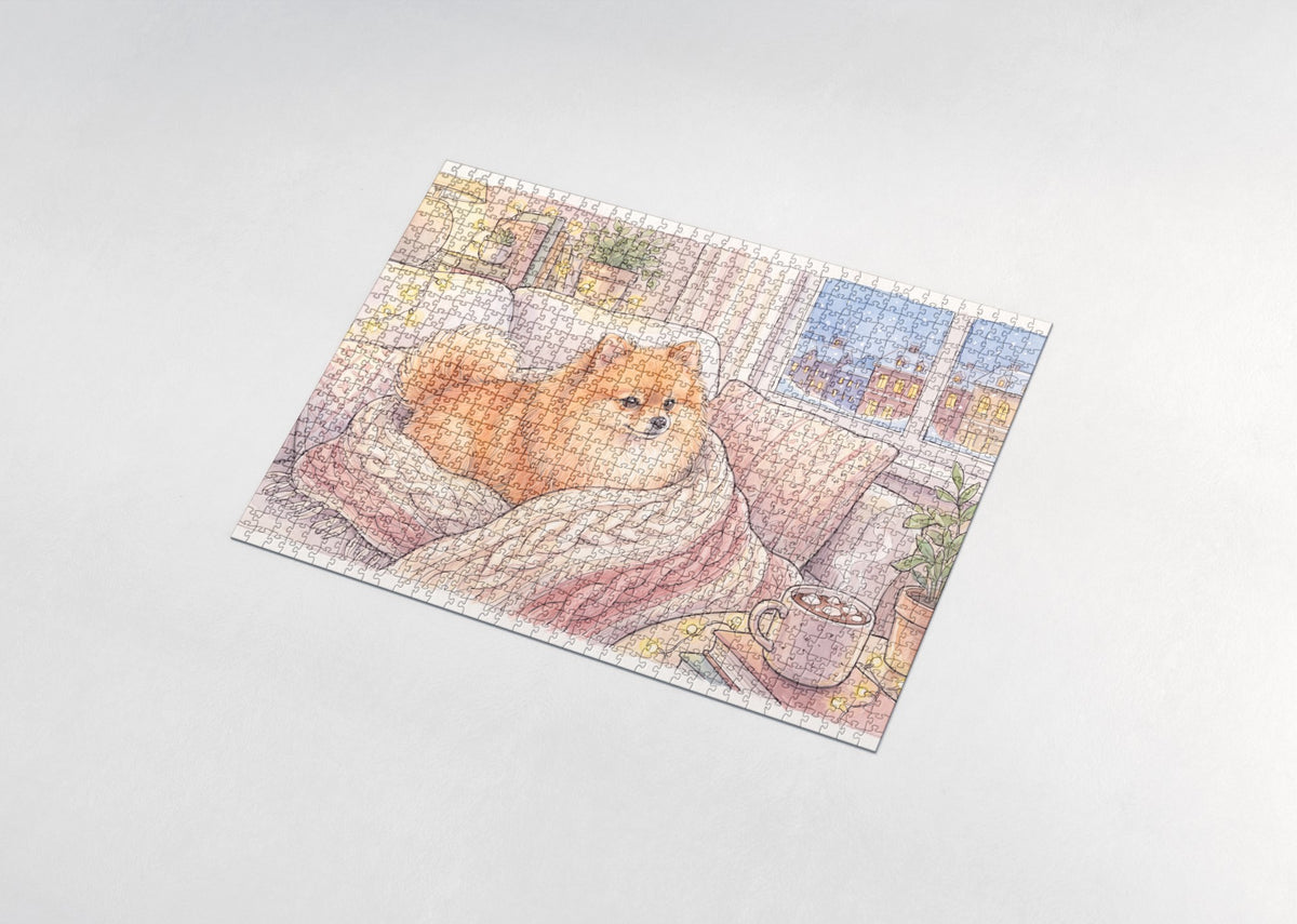 Pomeranian in the Cozy Knit Blanket jigsaw puzzle - assembled puzzle