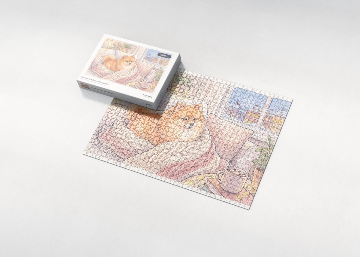 Pomeranian in the Cozy Knit Blanket jigsaw puzzle - box and puzzle
