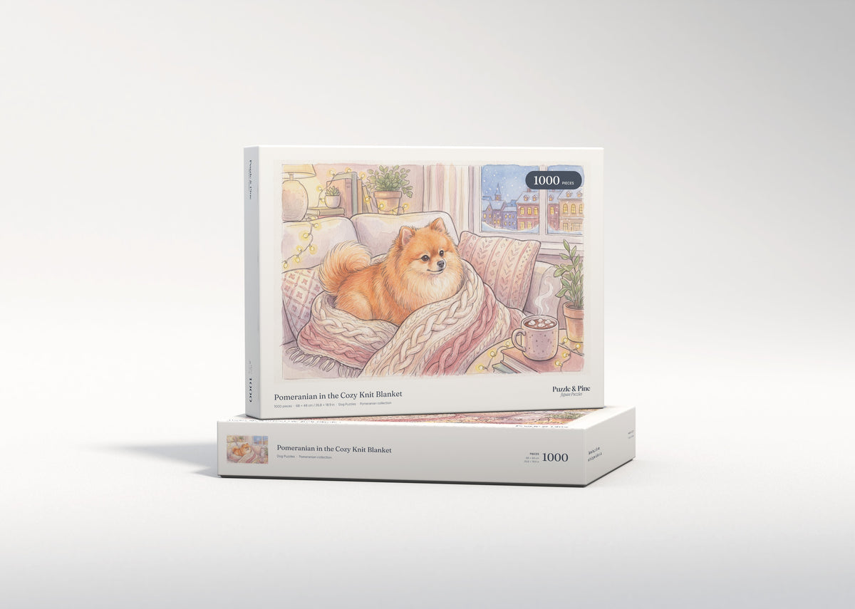 Pomeranian in the Cozy Knit Blanket jigsaw puzzle - gift box