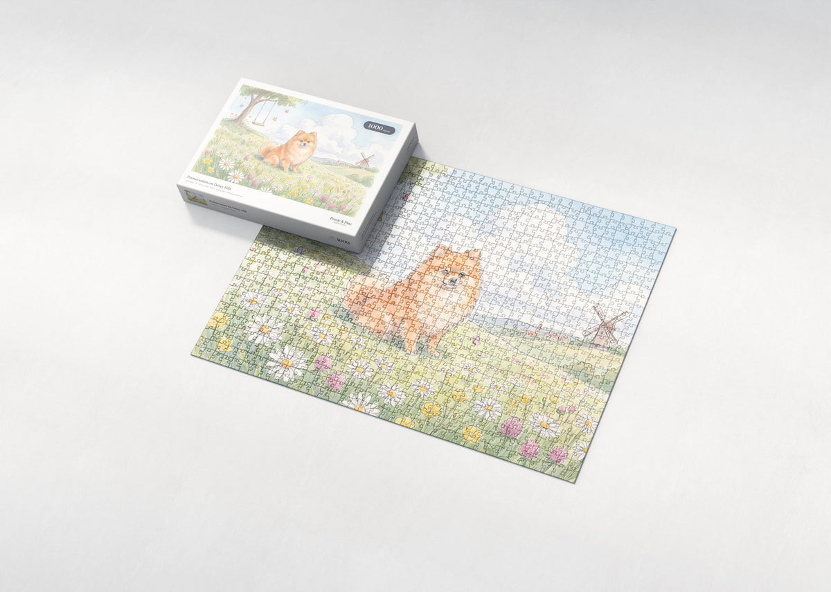 Pomeranian on Daisy Hill jigsaw puzzle - box and puzzle