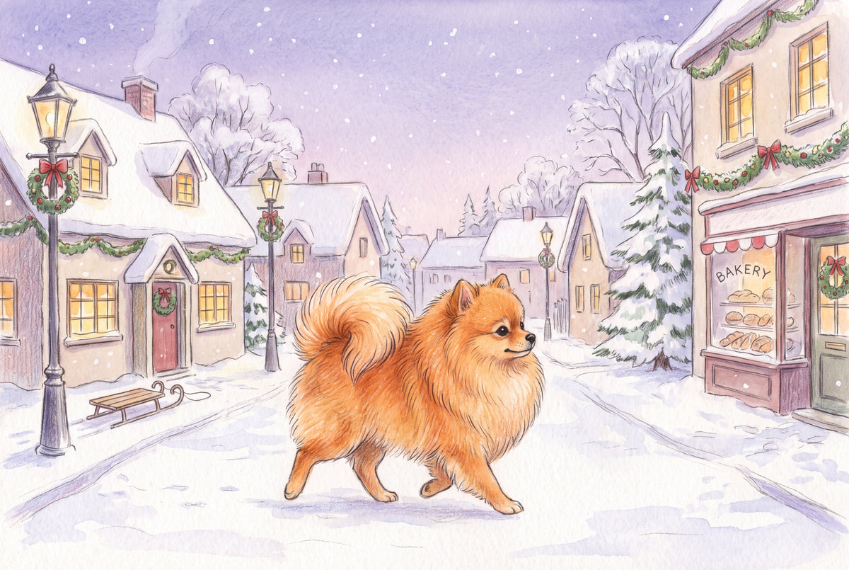 Pomeranian on the Winter Village Stroll jigsaw puzzle